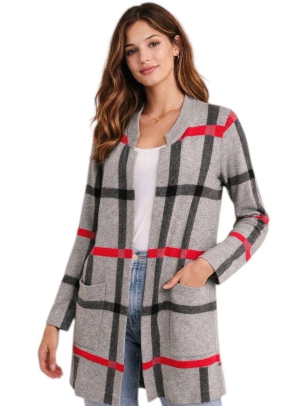 TAHARI Checkered Windowpane Open Longline Cardigan Gray Red Black Small #A4475